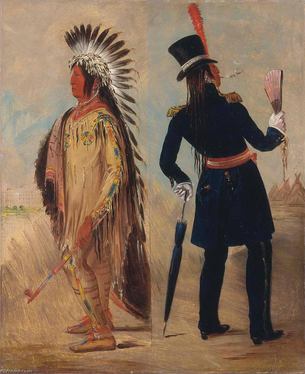 Wikioo.org - The Encyclopedia of Fine Arts - Painting, Artwork by George Catlin - Wi jún jon, Pigeon's Egg Head (The Light) Going To and Returning From Washington