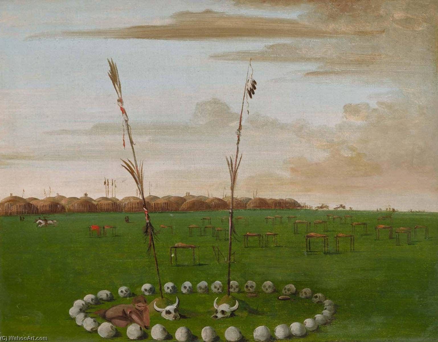Wikioo.org - The Encyclopedia of Fine Arts - Painting, Artwork by George Catlin - Back View of Mandan Village, Showing the Cemetery