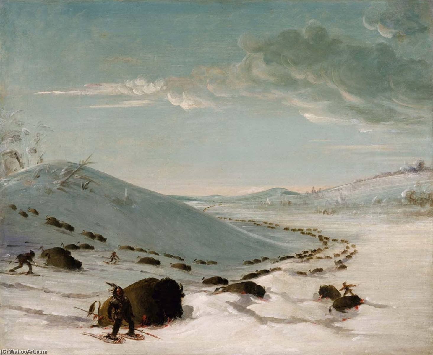 Wikioo.org - The Encyclopedia of Fine Arts - Painting, Artwork by George Catlin - Buffalo Chase in Winter, Indians on Snowshoes