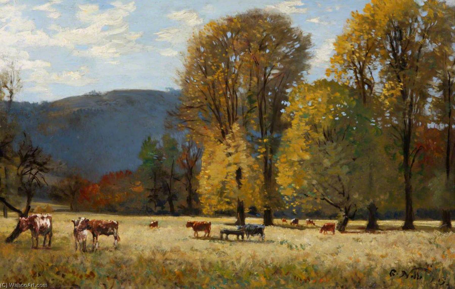 Wikioo.org - The Encyclopedia of Fine Arts - Painting, Artwork by Robert Noble - Landscape with Cattle near Bridge of Earn
