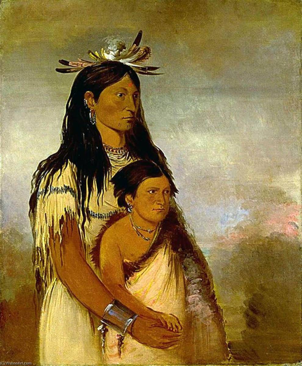 Wikioo.org - The Encyclopedia of Fine Arts - Painting, Artwork by George Catlin - Túnk aht óh ye, Thunderer, a Boy, and Wun pán to mee, White Weasel, a Girl