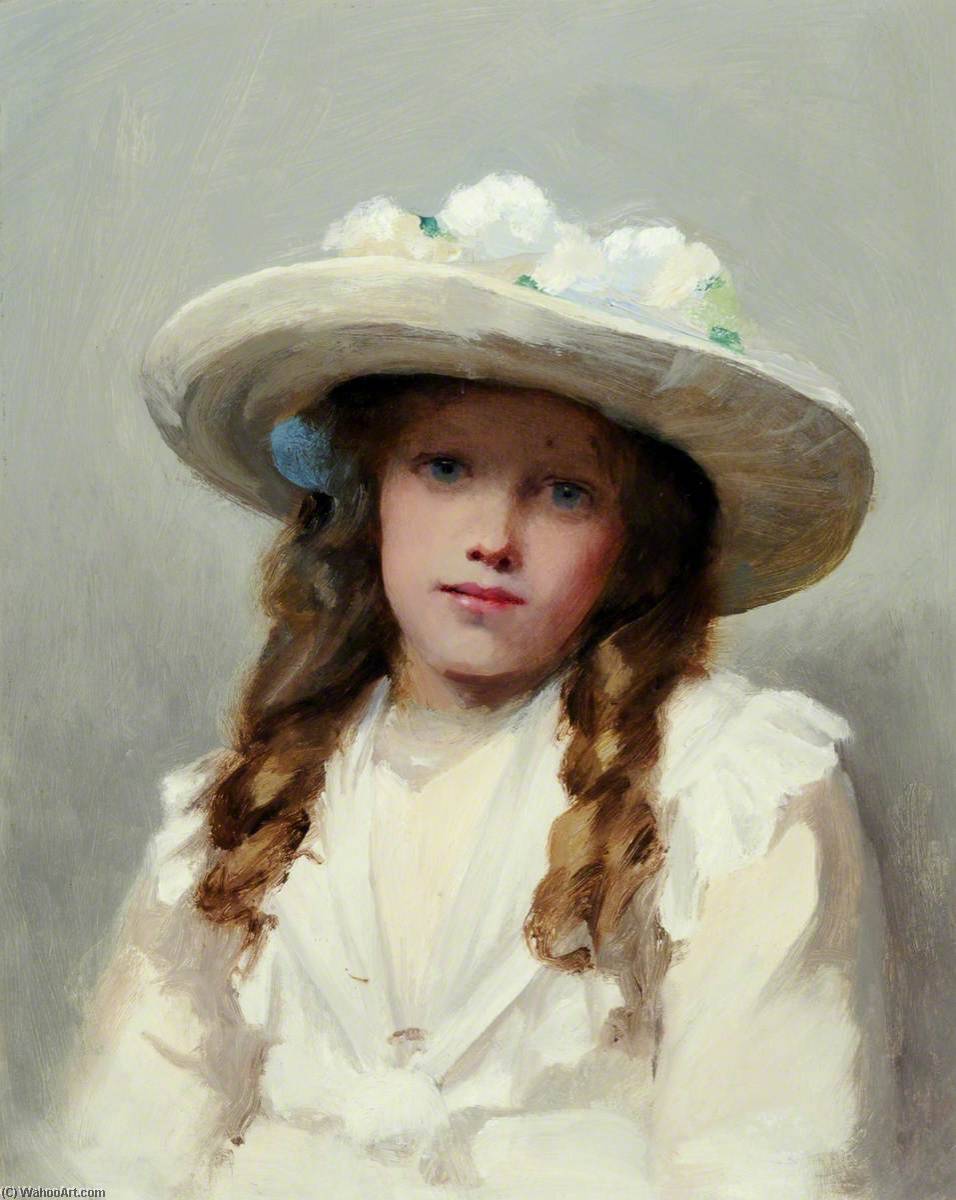 Wikioo.org - The Encyclopedia of Fine Arts - Painting, Artwork by Richard Goldie Crawford - Portrait of a Young Girl in a Large White Hat