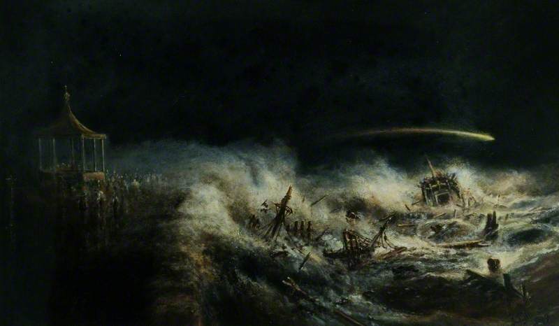 Wikioo.org - The Encyclopedia of Fine Arts - Painting, Artwork by John Taylor Allerston - Firing the Very Rocket over the Wreck of the 'Saviour'