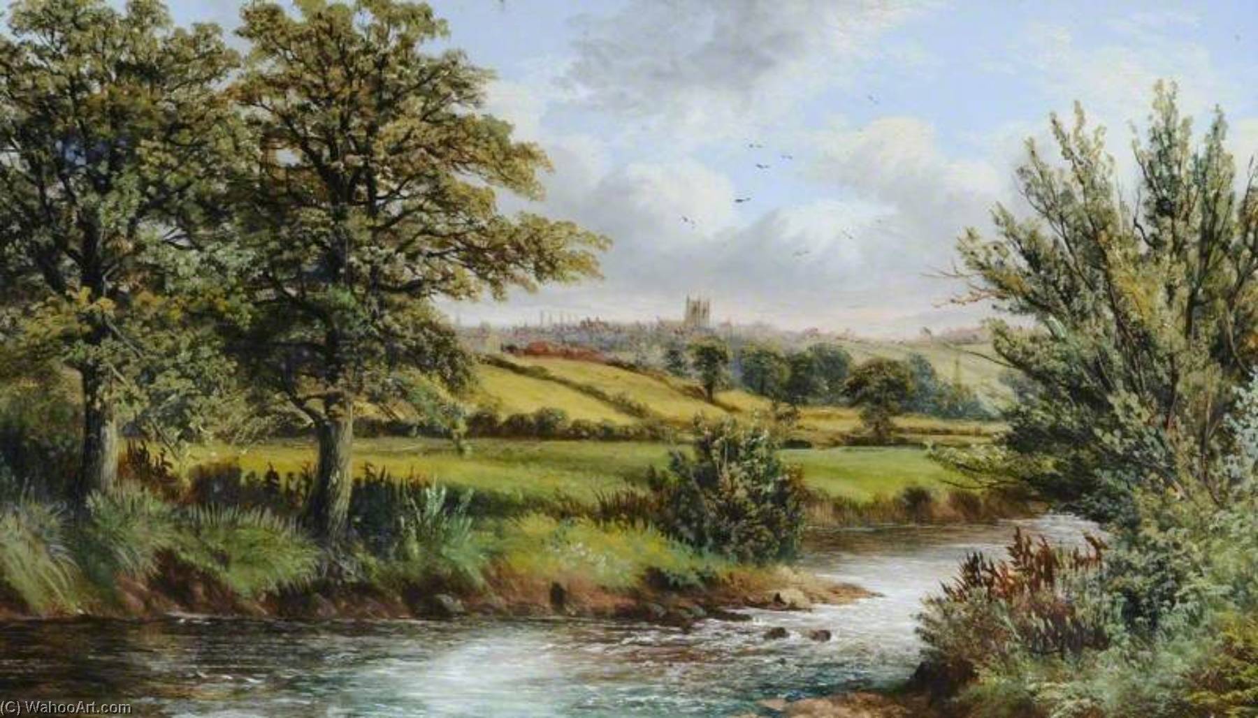 Wikioo.org - The Encyclopedia of Fine Arts - Painting, Artwork by Benjamin Hold - Canon Hall Park River Meadow with Church, South Yorkshire