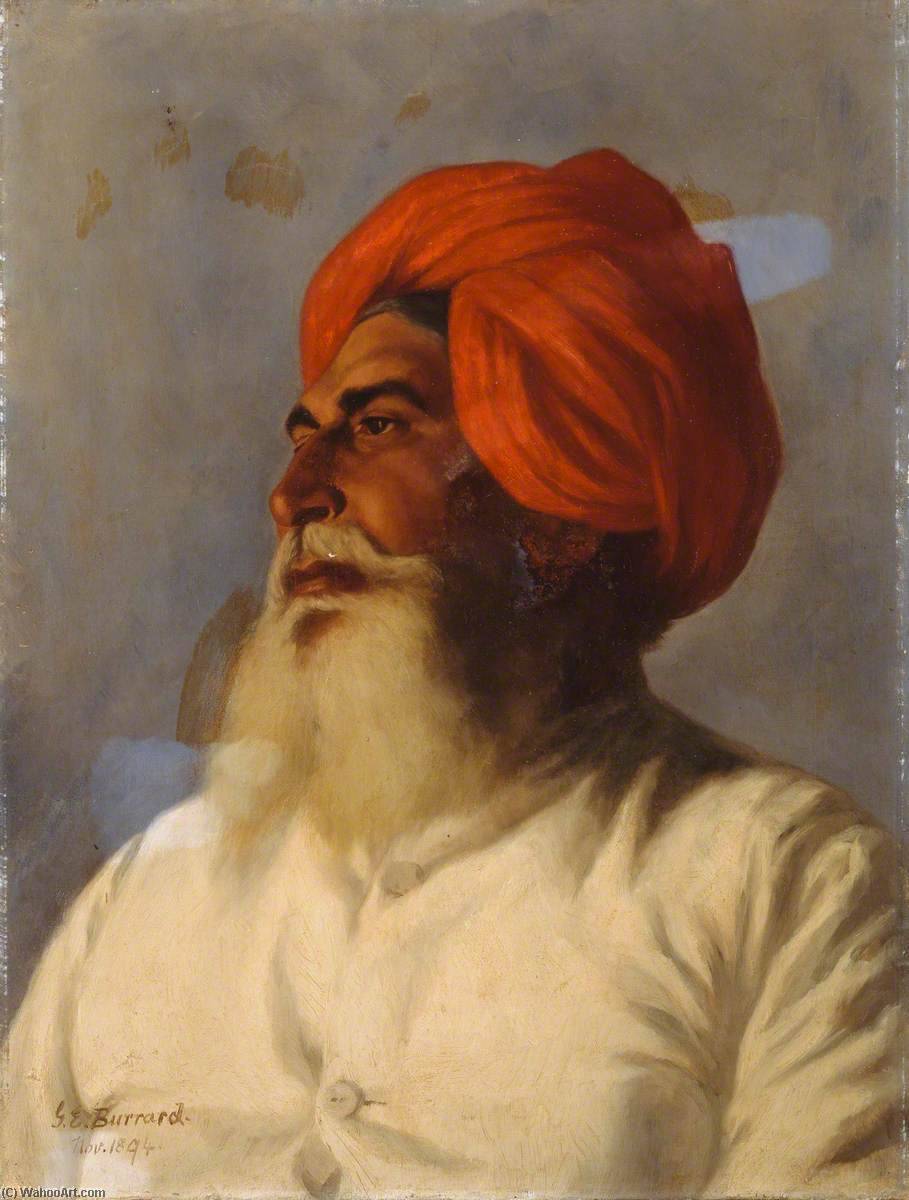 Wikioo.org - The Encyclopedia of Fine Arts - Painting, Artwork by Gertrude Ellen Burrard - Ganda Singh, a Sikh Chaprasi (messenger) of Colonel Wilmer’s Topographical No.14 Survey Party