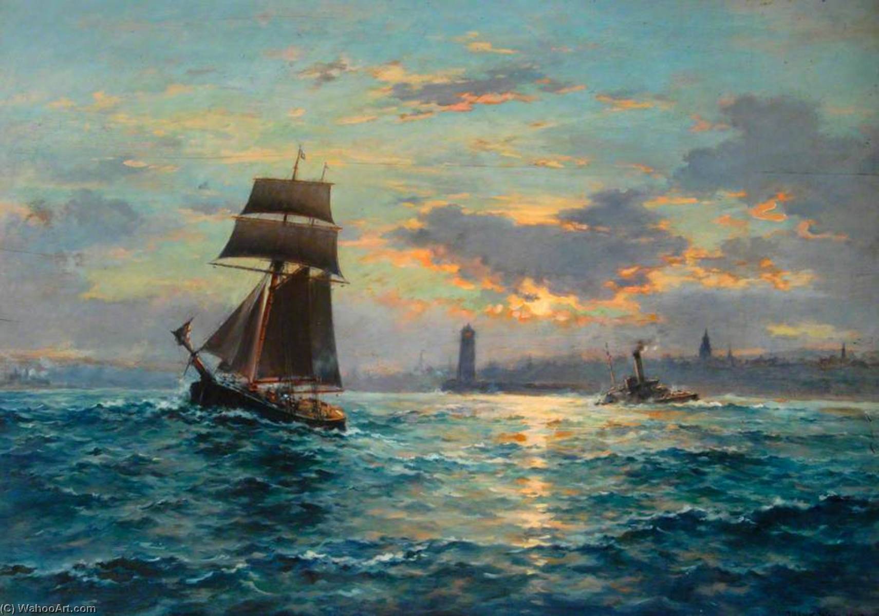 Wikioo.org - The Encyclopedia of Fine Arts - Painting, Artwork by Frank Watson Wood - Sail and Steam at Berwick upon Tweed, Northumberland