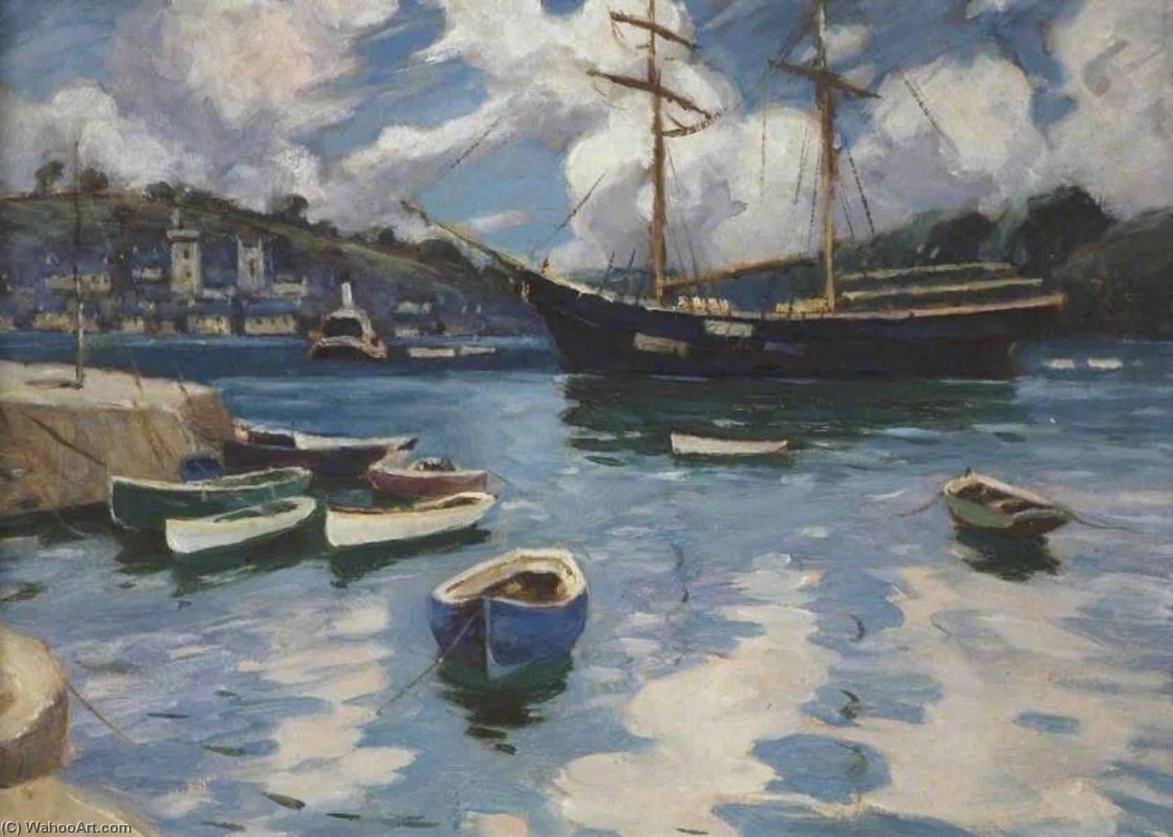 Wikioo.org - The Encyclopedia of Fine Arts - Painting, Artwork by Helen Lavinia Cochrane - Harbour Scene with Large Sailing Vessel and Small Craft