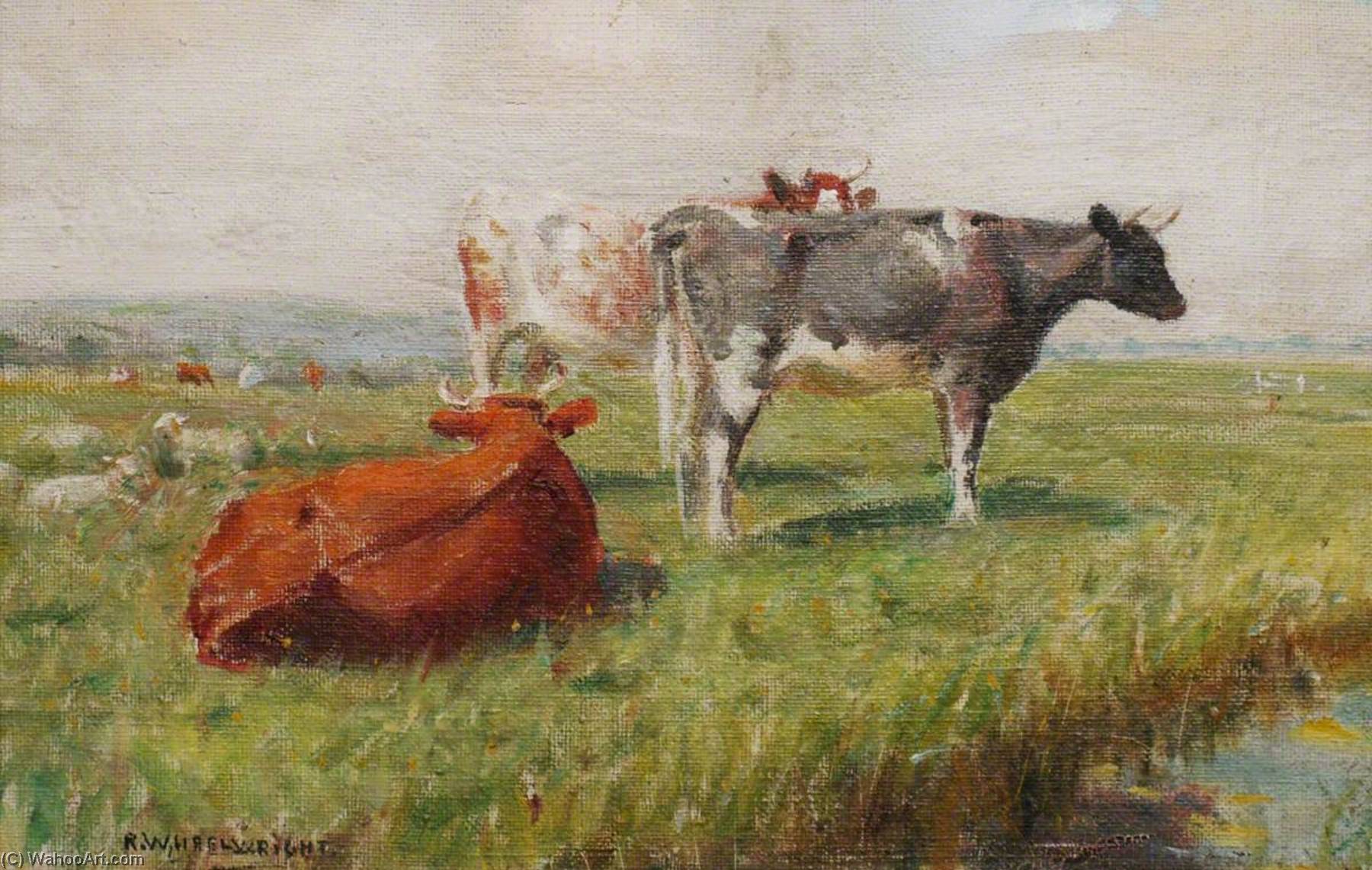 Wikioo.org - The Encyclopedia of Fine Arts - Painting, Artwork by Rowland Wheelwright - Cows and Sheep in a Water Meadow
