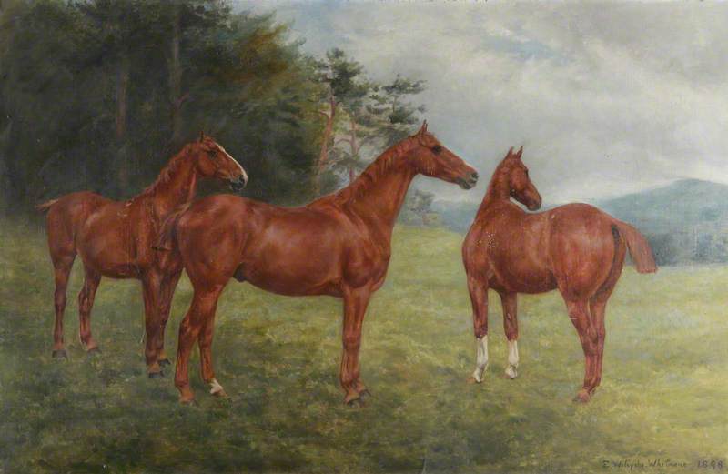 Wikioo.org - The Encyclopedia of Fine Arts - Painting, Artwork by Evelyn Blacklock - Three Chestnut Horses in a Landscape