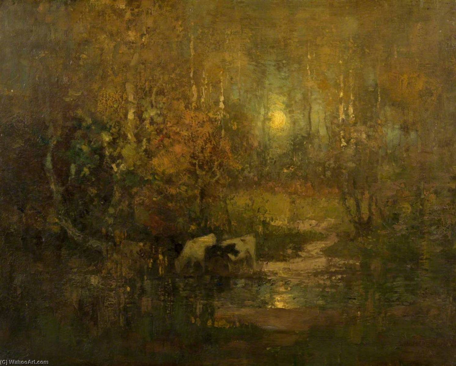 WikiOO.org - Encyclopedia of Fine Arts - Målning, konstverk Thomas Bromley Blacklock - Sunset, Cottage and Pool