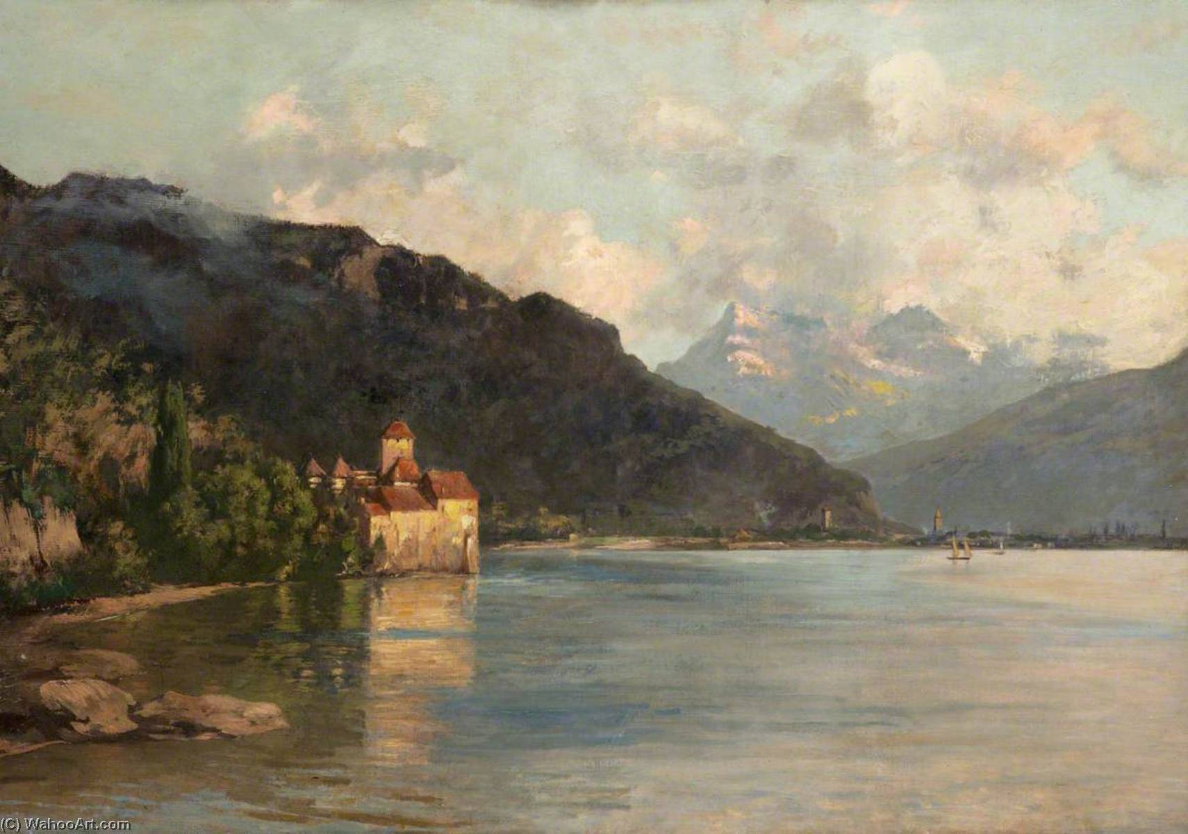 Wikioo.org - The Encyclopedia of Fine Arts - Painting, Artwork by Francis E Chardon - Lakeside Scene (thought to be Chilion, Lake Geneva)