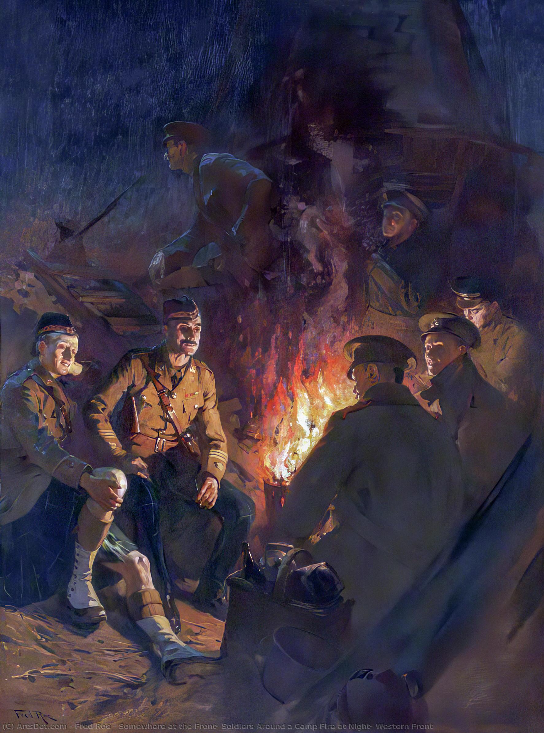 Wikioo.org - The Encyclopedia of Fine Arts - Painting, Artwork by Fred Roe - Somewhere at the Front, Soldiers Around a Camp Fire at Night, Western Front