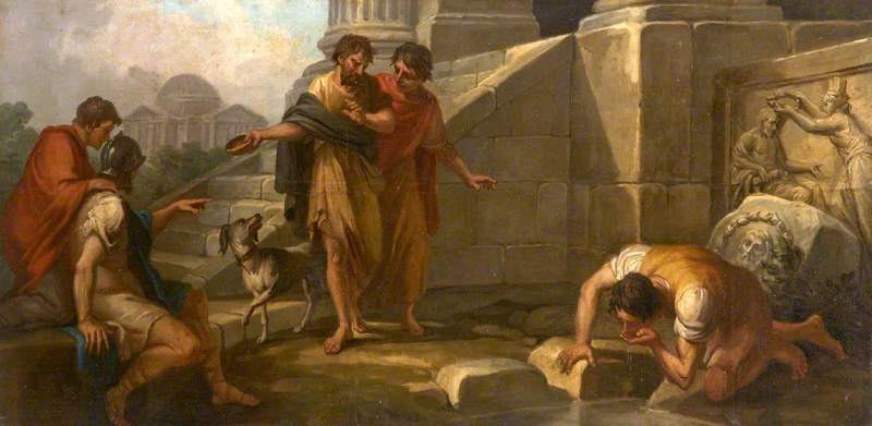Wikioo.org - The Encyclopedia of Fine Arts - Painting, Artwork by Antonio Zucchi - Diogenes Casting Away His Wooden Bowl as a Superfluity, on Seeing a Youth Drinking from His Hand (a set of three decorative wall panels)