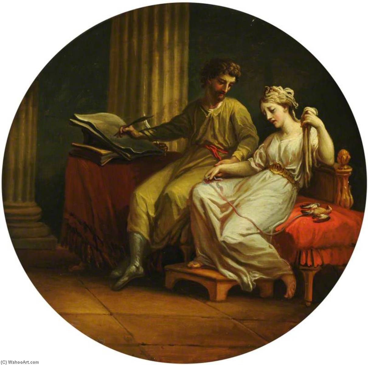 Wikioo.org - The Encyclopedia of Fine Arts - Painting, Artwork by Antonio Zucchi - Catullus Comforting Lesbia over the Death of Her Pet Sparrow and Writing an Ode