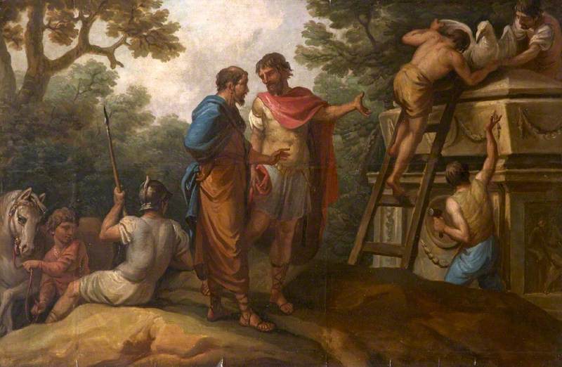 Wikioo.org - The Encyclopedia of Fine Arts - Painting, Artwork by Antonio Zucchi - Mitellus Ordering a Marble Crow to Be Put on the Tomb of His Former Master, Diodorus Siculus (a set of three decorative wall panels)