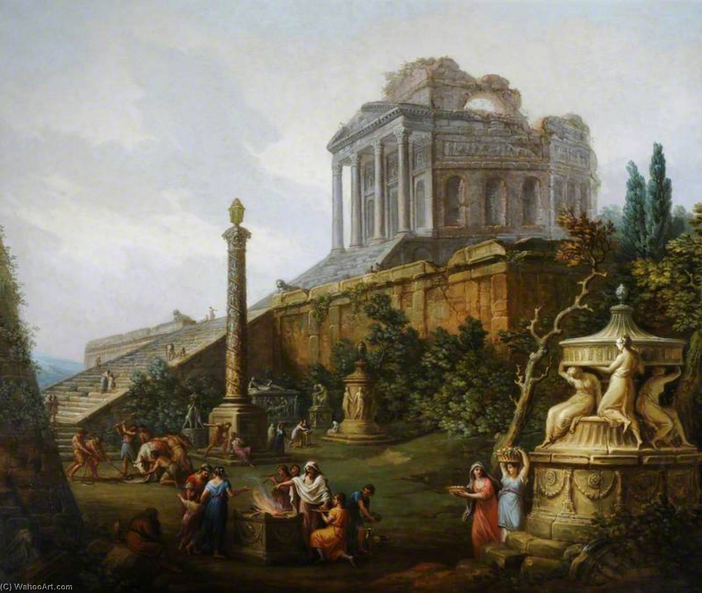 Wikioo.org - The Encyclopedia of Fine Arts - Painting, Artwork by Antonio Zucchi - Capriccio with a Pagan Temple and a Sacrifice