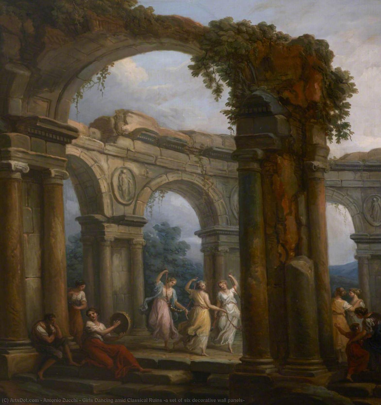 Wikioo.org - The Encyclopedia of Fine Arts - Painting, Artwork by Antonio Zucchi - Girls Dancing amid Classical Ruins (a set of six decorative wall panels)