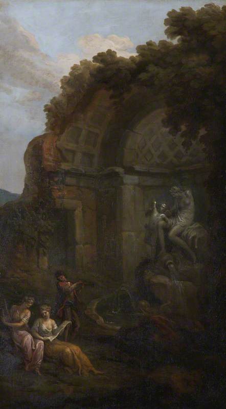 Wikioo.org - The Encyclopedia of Fine Arts - Painting, Artwork by Antonio Zucchi - A Ruined Temple and Fountain with Musicians (a set of six decorative wall panels)