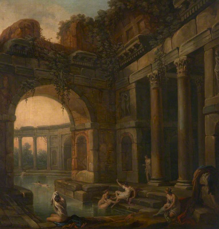 Wikioo.org - The Encyclopedia of Fine Arts - Painting, Artwork by Antonio Zucchi - Ruins of Classical Baths with Nymphs Bathing (a set of six decorative wall panels)