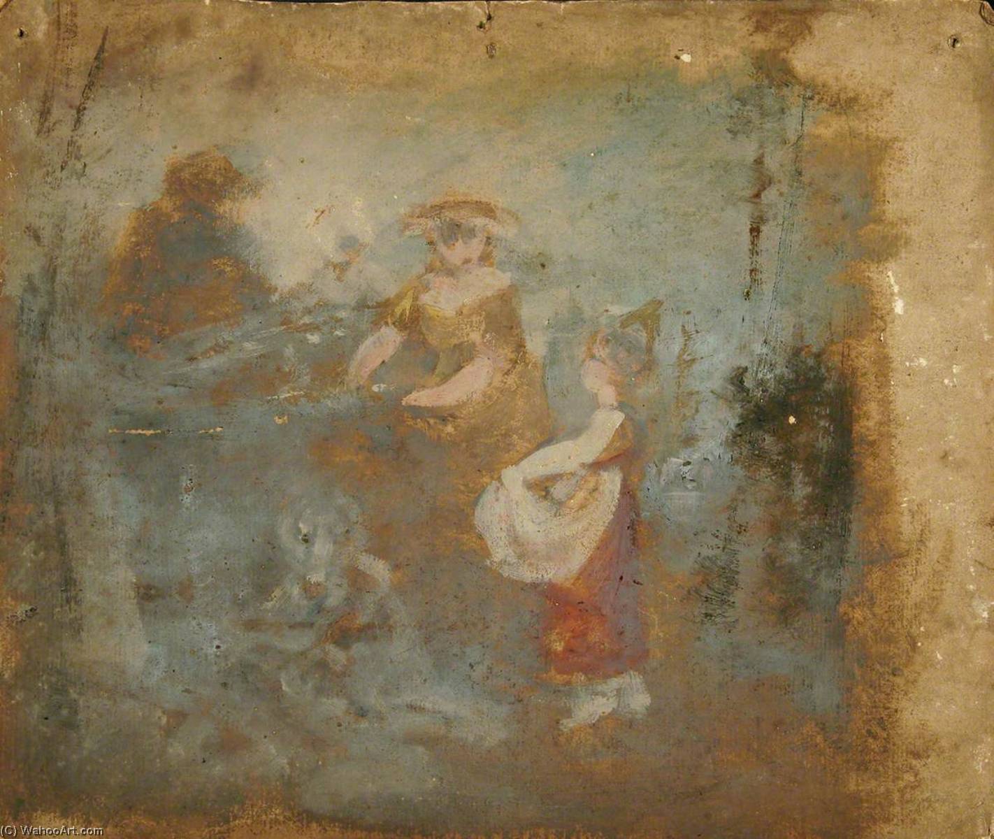 Wikioo.org - The Encyclopedia of Fine Arts - Painting, Artwork by Joseph Clover - Sketch of Girls in a Landscape (verso)