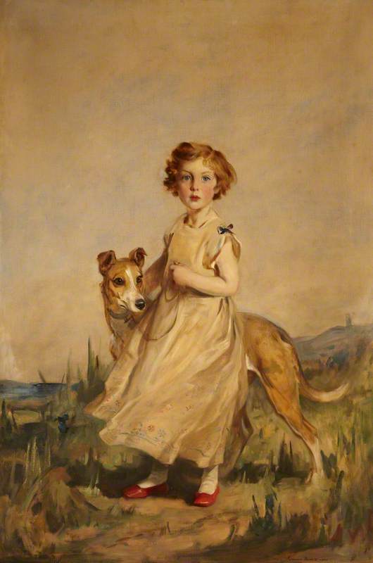 Wikioo.org - The Encyclopedia of Fine Arts - Painting, Artwork by Edmond Brock - Lady Mairi Stewart (1921–2009), Later Lady Mairi Bury, as a Little Girl, with a Greyhound