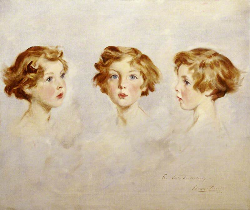 Wikioo.org - The Encyclopedia of Fine Arts - Painting, Artwork by Edmond Brock - Three Studies of the Head of Lady Mairi Stewart (1921–2009), Later Lady Mairi Bury, as a Little Girl