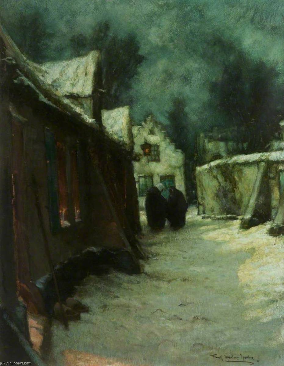 Wikioo.org - The Encyclopedia of Fine Arts - Painting, Artwork by Frank Spenlove Spenlove - The Light at the Door, a January Night in Flanders (No.96)