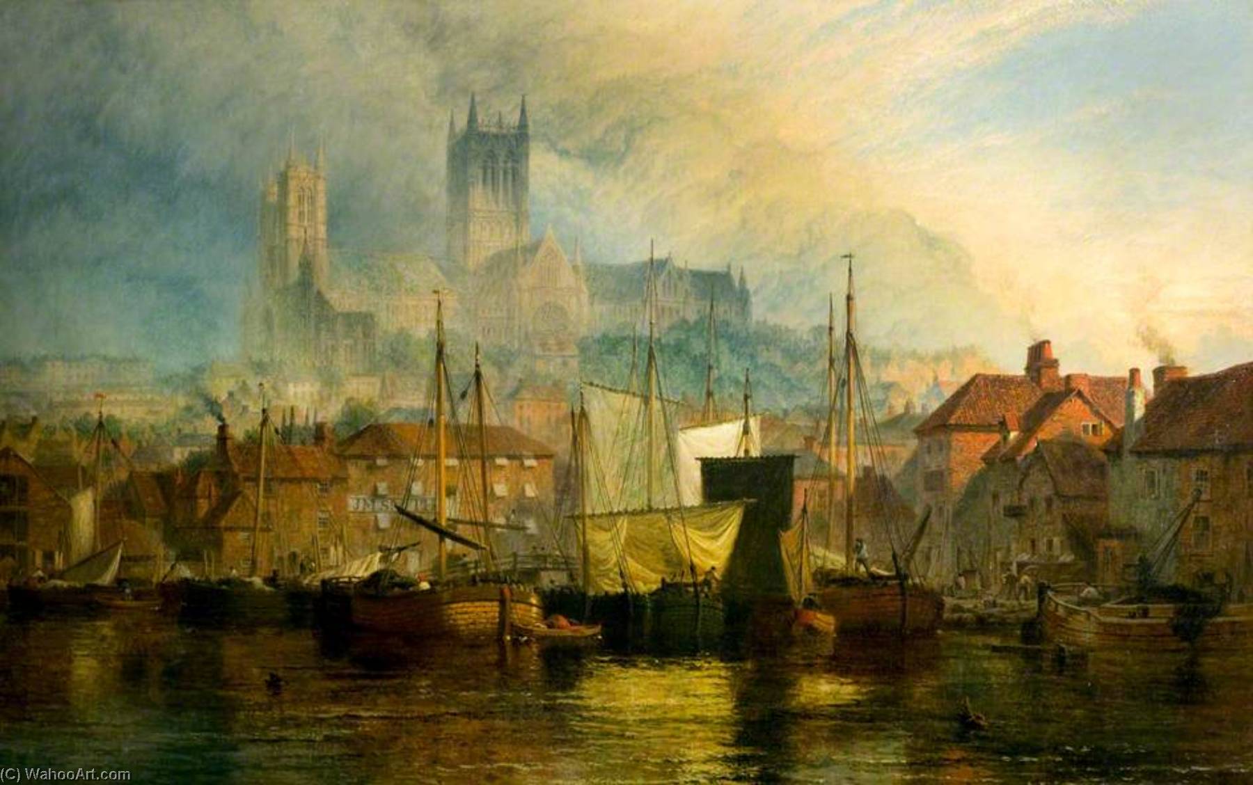 Wikioo.org - The Encyclopedia of Fine Arts - Painting, Artwork by Henry Thomas Dawson - Lincoln Cathedral from Brayford