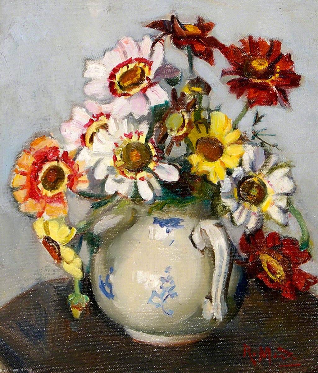 Wikioo.org - The Encyclopedia of Fine Arts - Painting, Artwork by Rose Mead - Summer Chrysanthemums in a Blue Flowered Jug