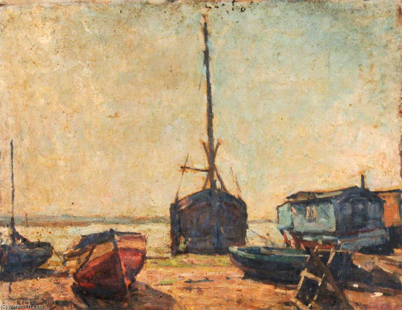 Wikioo.org - The Encyclopedia of Fine Arts - Painting, Artwork by Edward Robert King - Houseboats at Milton with a Dinghy and Sawhorse in the Foreground