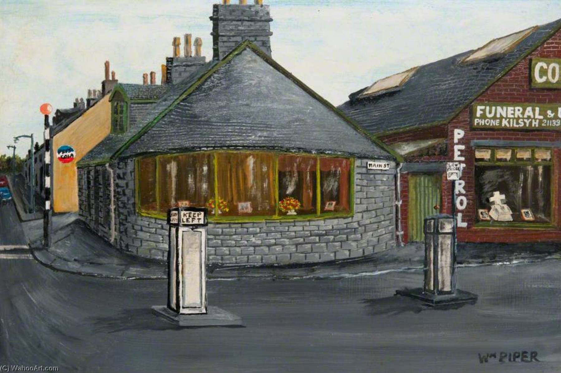 Wikioo.org - The Encyclopedia of Fine Arts - Painting, Artwork by William Piper - Co op Funeral Home and Petrol Station at the Foot of the Town, Kilsyth