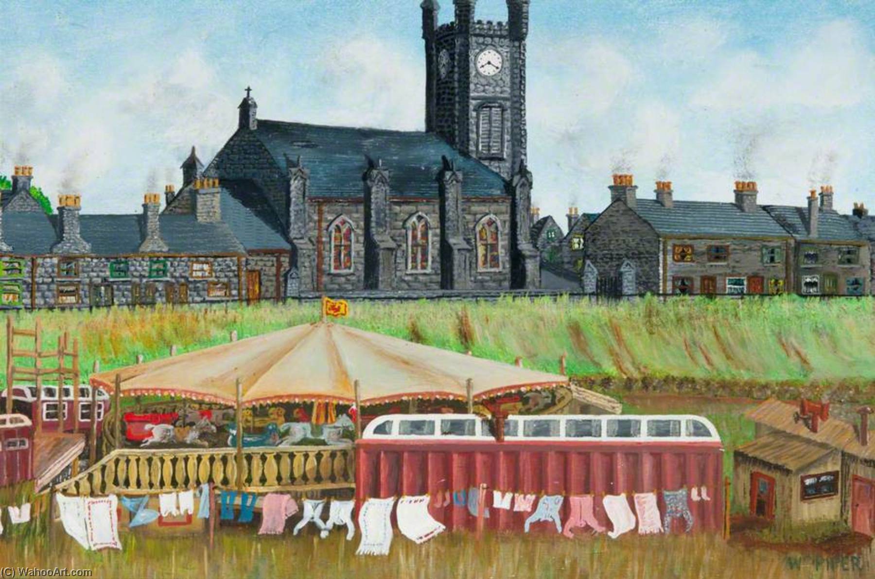 Wikioo.org - The Encyclopedia of Fine Arts - Painting, Artwork by William Piper - Circus and Shows on the Haugh, Backbrae Street and Parish Church, Kilsyth