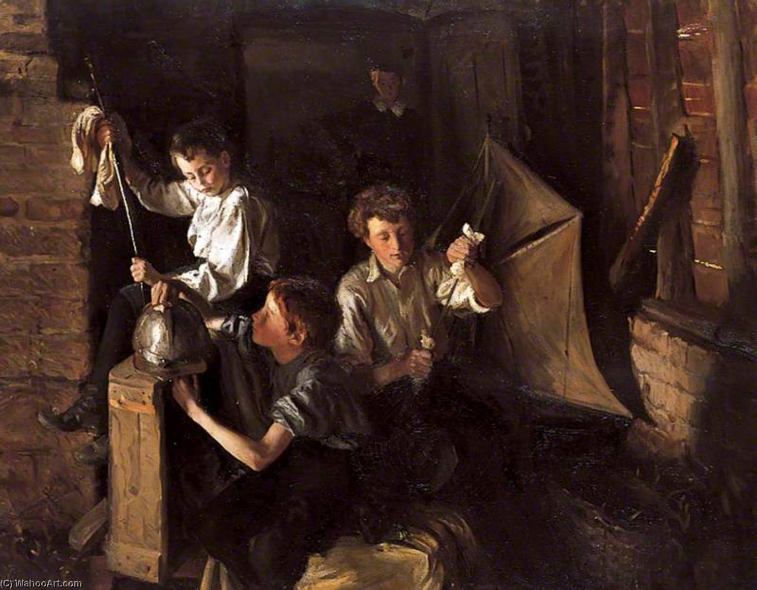 Wikioo.org - The Encyclopedia of Fine Arts - Painting, Artwork by Mark Lancelot Symons - Children Playing in an Interior, Polishing Armour