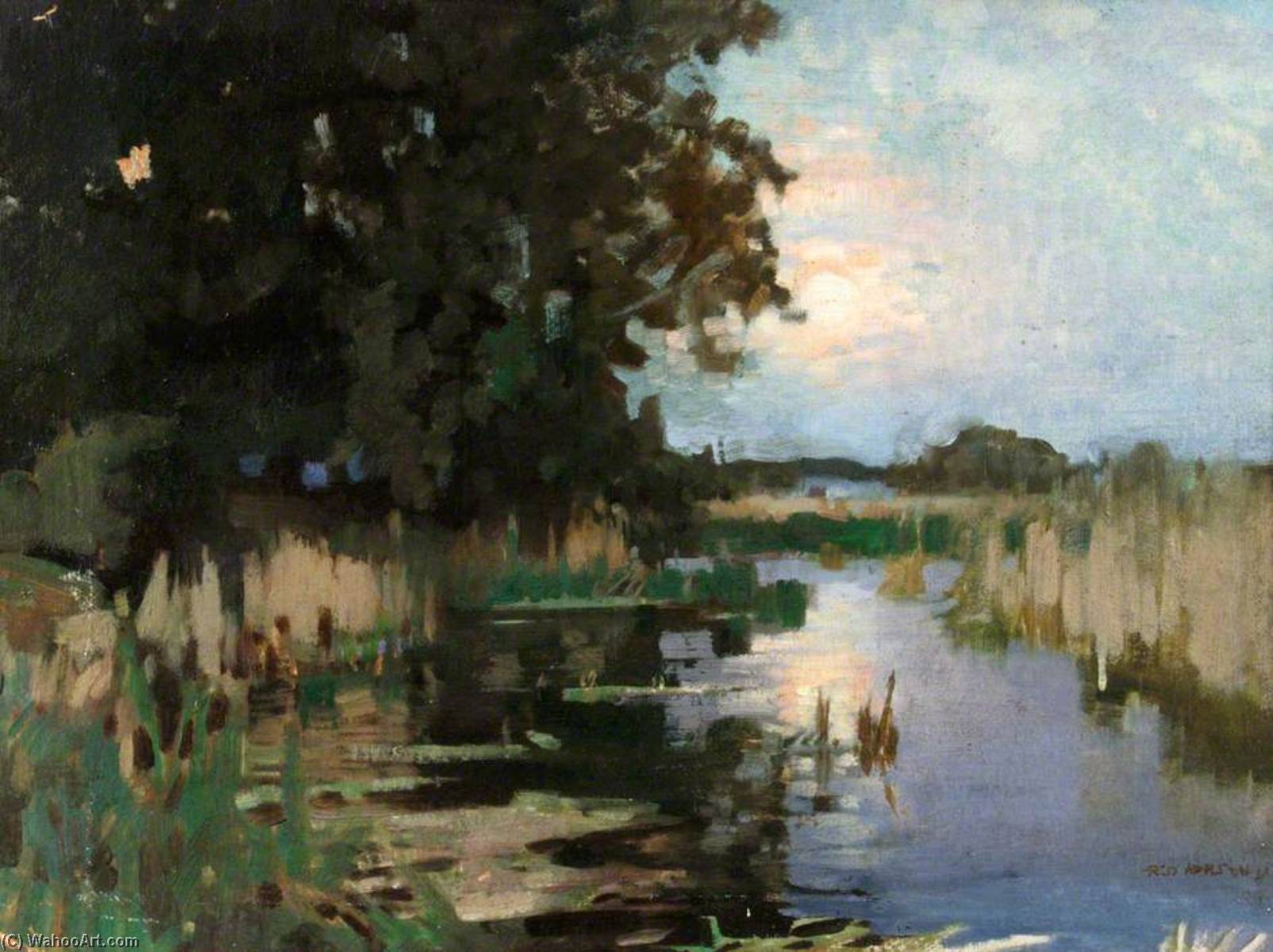 Wikioo.org - The Encyclopedia of Fine Arts - Painting, Artwork by Frederick Appleyard - Moonrise over the River Itchen from just below Itchen Stoke