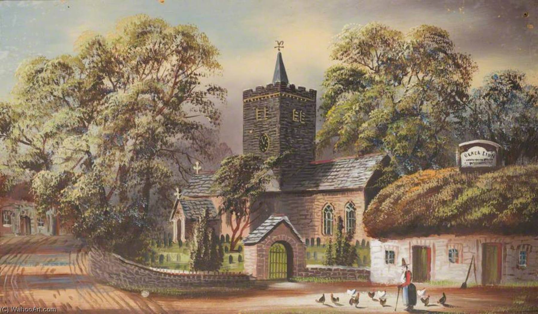 Wikioo.org - The Encyclopedia of Fine Arts - Painting, Artwork by Alfred Worthington - Llanbadarn Church and the 'Black Lion'