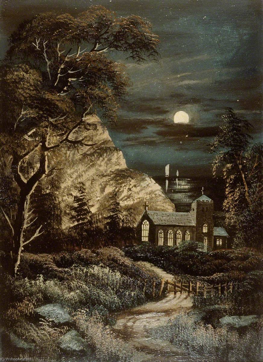 Wikioo.org - The Encyclopedia of Fine Arts - Painting, Artwork by Alfred Worthington - Church by Moonlight