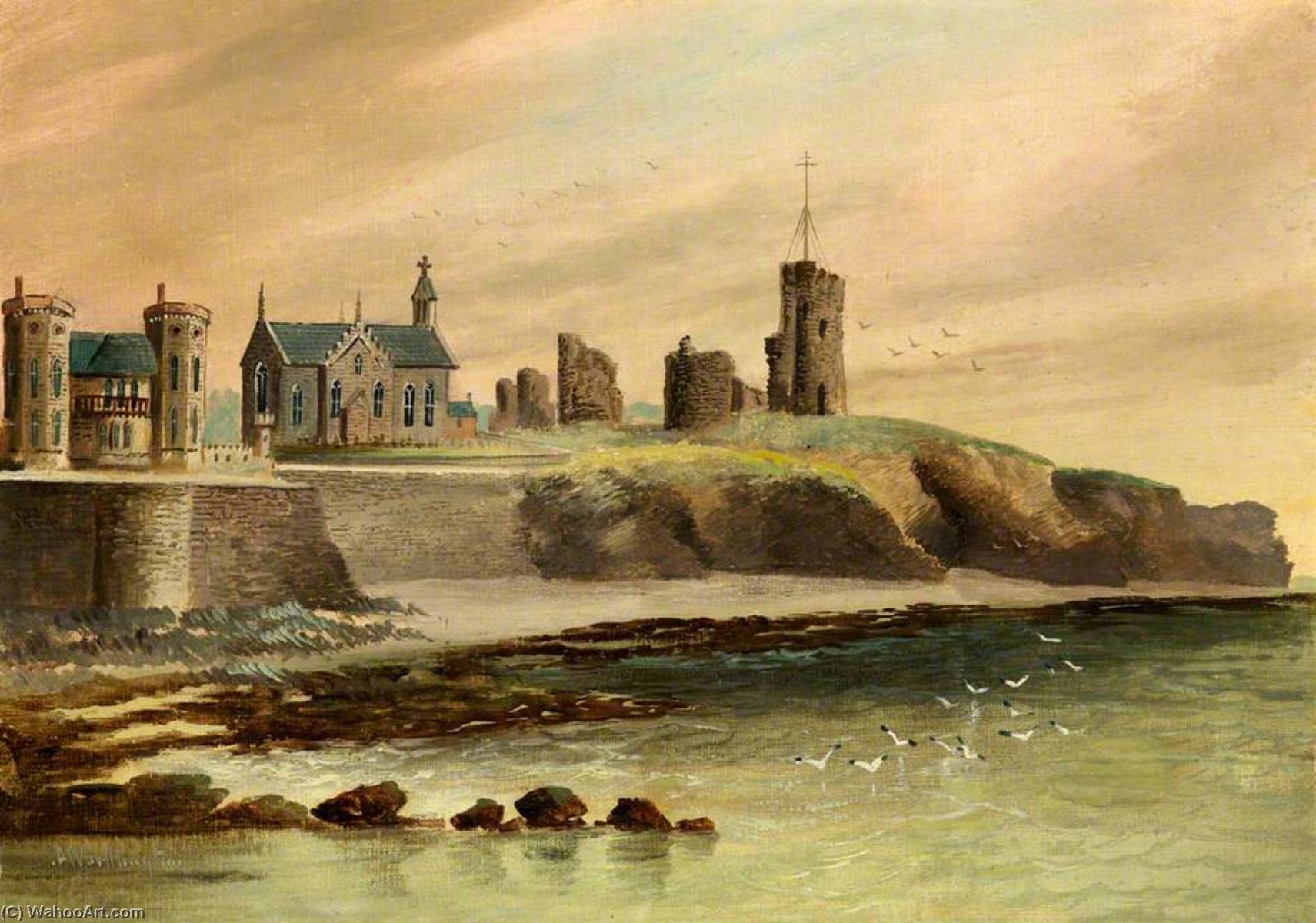 Wikioo.org - The Encyclopedia of Fine Arts - Painting, Artwork by Alfred Worthington - Castle House, St Michael's Church and Aberystwyth Castle