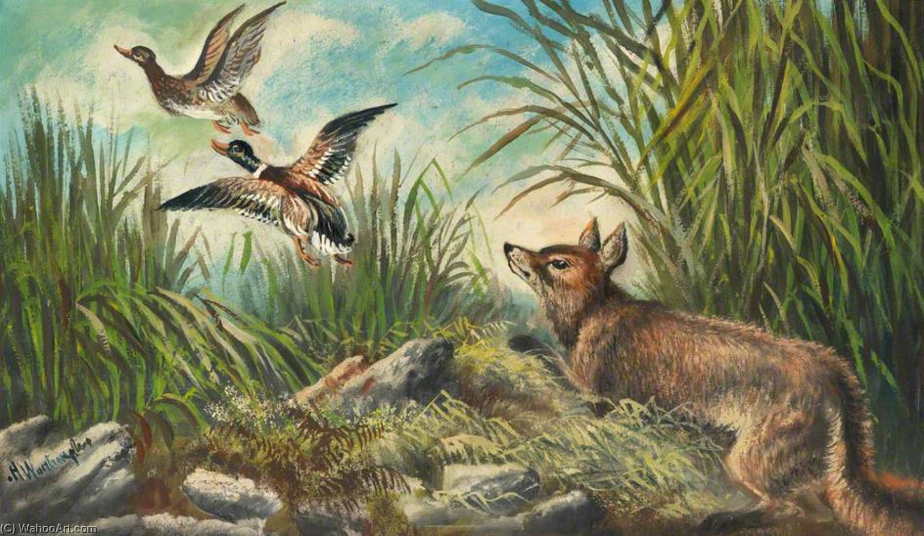 Wikioo.org - The Encyclopedia of Fine Arts - Painting, Artwork by Alfred Worthington - Fox and Two Ducks