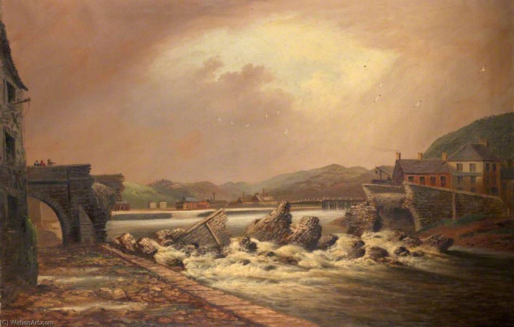 Wikioo.org - The Encyclopedia of Fine Arts - Painting, Artwork by Alfred Worthington - Trefechan Bridge Immediately after the Flood of 1886