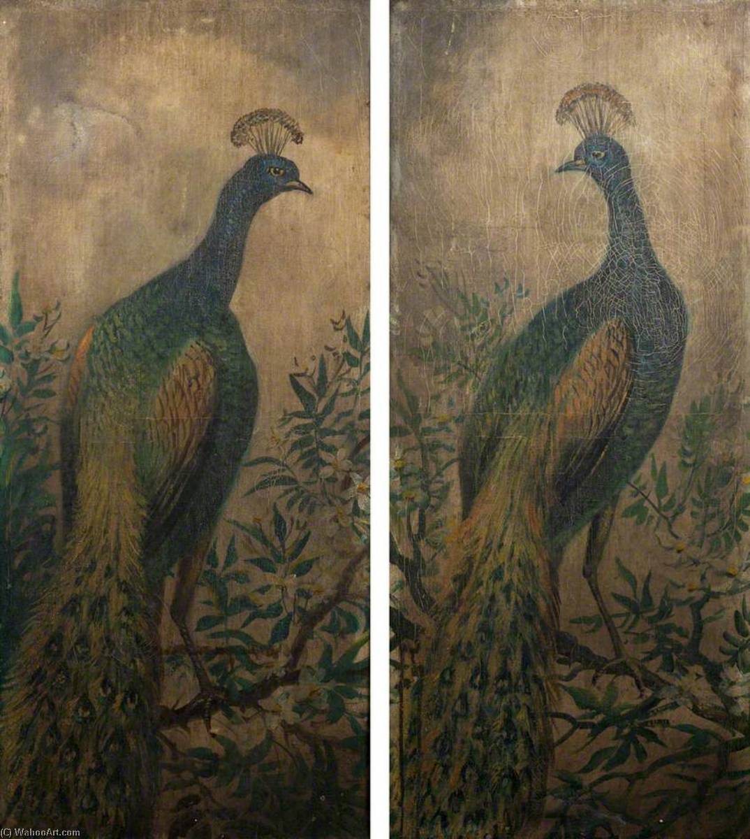 Wikioo.org - The Encyclopedia of Fine Arts - Painting, Artwork by Alfred Worthington - Firescreen with Peacocks and Valleys (recto)