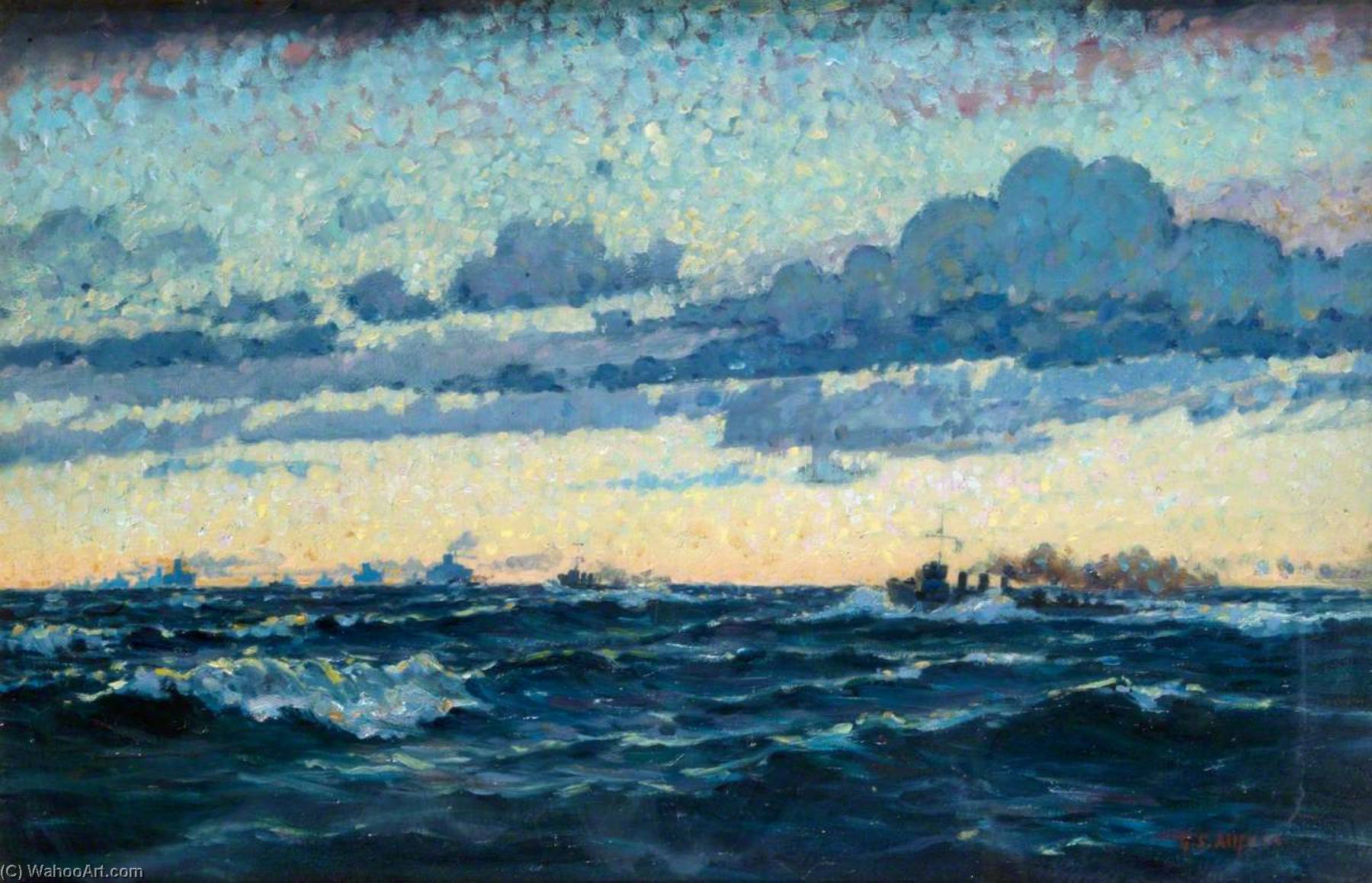 Wikioo.org - The Encyclopedia of Fine Arts - Painting, Artwork by Geoffrey Stephen Allfree - Seascape with Convoy and Evening Sky Effect