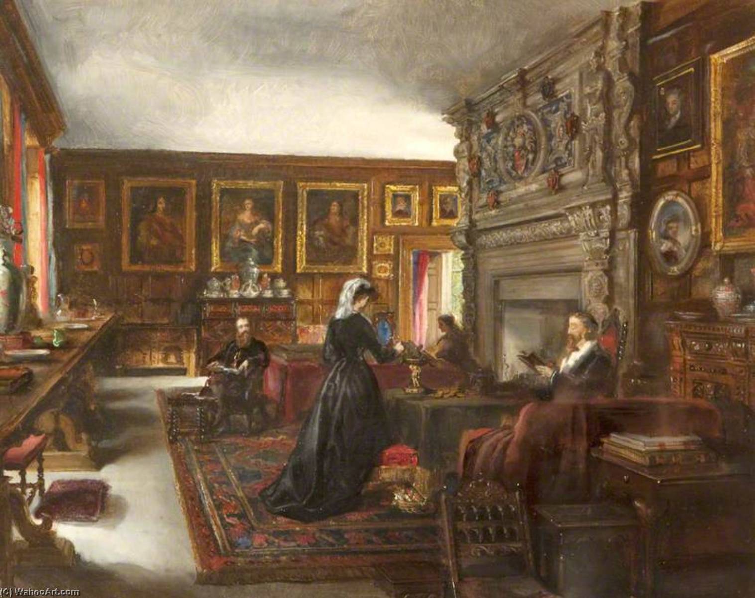 Wikioo.org - The Encyclopedia of Fine Arts - Painting, Artwork by Rebecca Dulcibella Orpen - The Great Hall, Baddesley Clinton, with Mr and Mrs Marmion Ferrers, Edward Heneage Dering and Lady Chatterton (Mrs Dering)