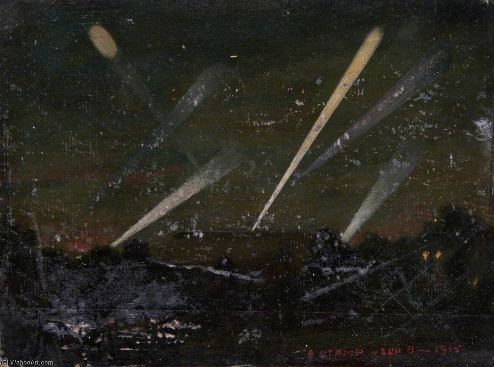Wikioo.org - The Encyclopedia of Fine Arts - Painting, Artwork by Ernest Stamp - Searchlights from Parliament Hill, German Zeppelin Raid, 8 September 1915