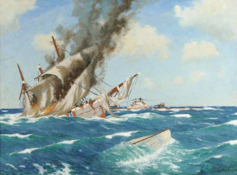 Wikioo.org - The Encyclopedia of Fine Arts - Painting, Artwork by George Fagan Bradshaw - U Boat Sinking Barque by Gunfire