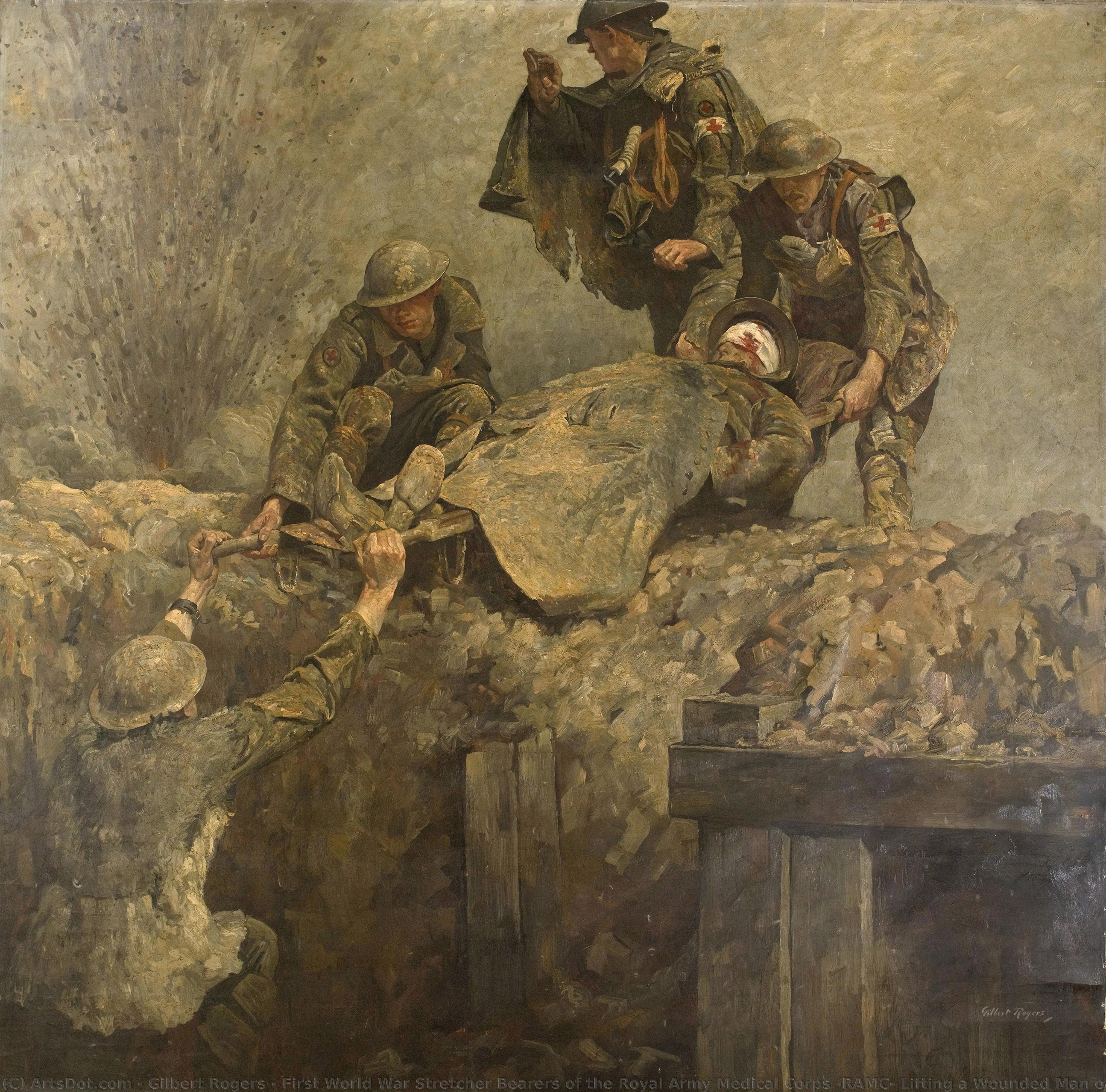 WikiOO.org - Güzel Sanatlar Ansiklopedisi - Resim, Resimler Gilbert Rogers - First World War Stretcher Bearers of the Royal Army Medical Corps (RAMC) Lifting a Wounded Man out of a Trench
