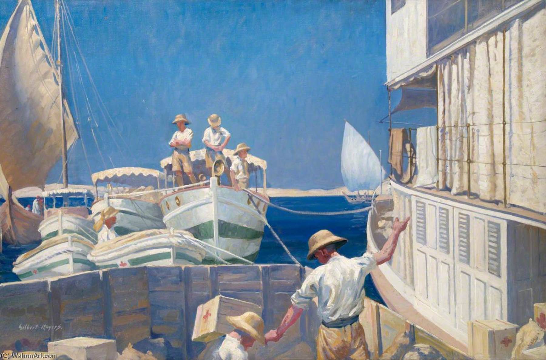 Wikioo.org - The Encyclopedia of Fine Arts - Painting, Artwork by Gilbert Rogers - A British Red Cross Society and Order of St John of Jerusalem Hospital Ship and Barges on the Tigris