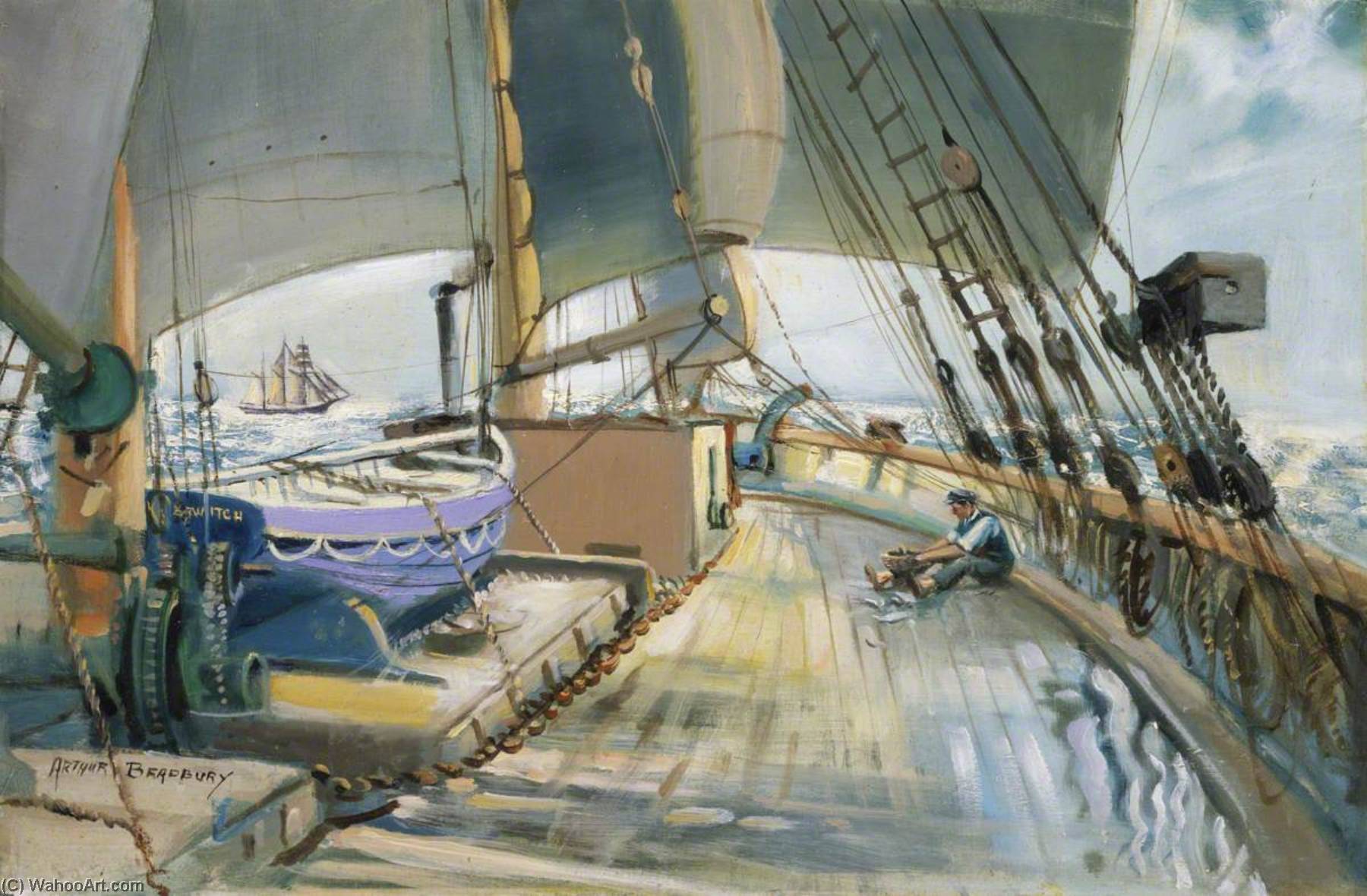 Wikioo.org - The Encyclopedia of Fine Arts - Painting, Artwork by Arthur Royce Bradbury - A Deck Scene on the Barquentine 'Waterwitch'