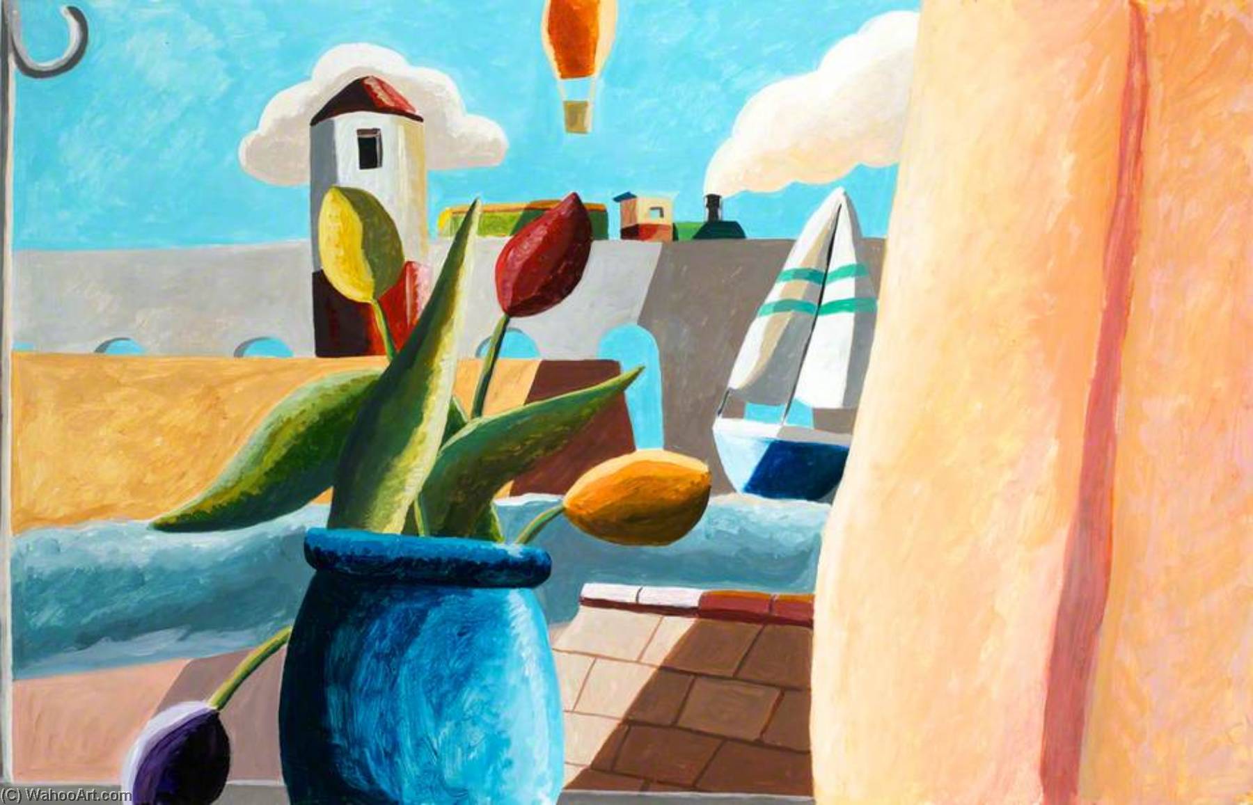 Wikioo.org - The Encyclopedia of Fine Arts - Painting, Artwork by Emrys Williams - View of a Lighthouse, Boat and Balloon with Tulips in a Vase in the Foreground