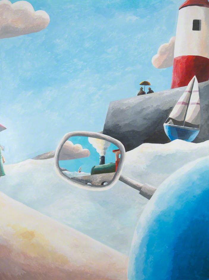 Wikioo.org - The Encyclopedia of Fine Arts - Painting, Artwork by Emrys Williams - Lighthouse with Boat and Left Hand Wing Mirror