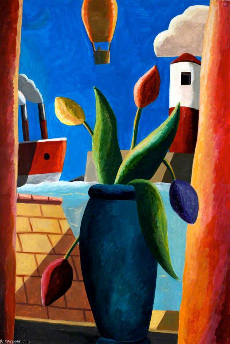 WikiOO.org - Encyclopedia of Fine Arts - Lukisan, Artwork Emrys Williams - Tulips in a Vase with a Boat and a Lighthouse